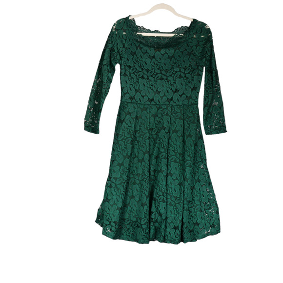 NEW Miss MNY Dress Juniors M Womens Small Green Lace Boat Neck Sheer Sleeve Boho - Picture 6 of 7